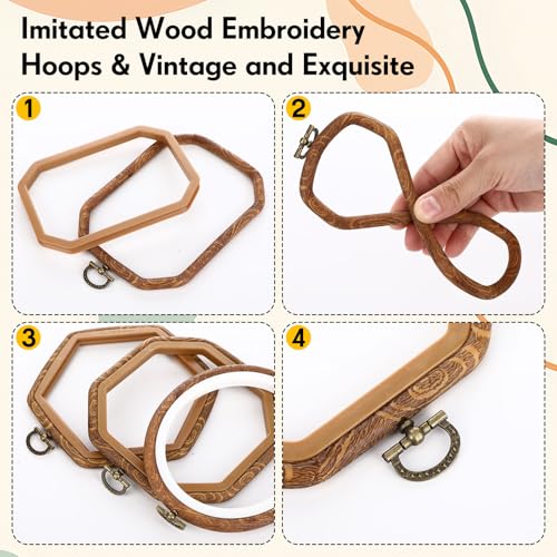 Qunclay 9 Pcs Large Embroidery Hoop Frame Decorative Imitated Wood Display Frame Circle Oval Octagonal Cross Stitch Hoop Ring for DIY Sewing Craft and Hanging Ornaments Decor (Mixed Shape) - Image 3