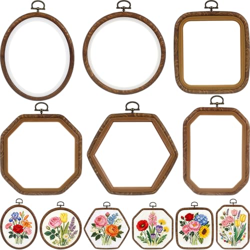Qunclay 9 Pcs Large Embroidery Hoop Frame Decorative Imitated Wood Display Frame Circle Oval Octagonal Cross Stitch Hoop Ring for DIY Sewing Craft and Hanging Ornaments Decor (Mixed Shape) - Image 1