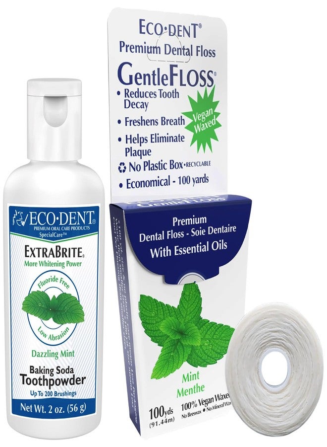 Eco-Dent Oral Care Bundle - ExtraBrite Toothpowder + Gentle Floss, Mint, Whitening Tooth Powder, SLS Free Toothpaste Alternative & Mint Waxed Dental Floss, Vegan (Set of 2) - Image 1