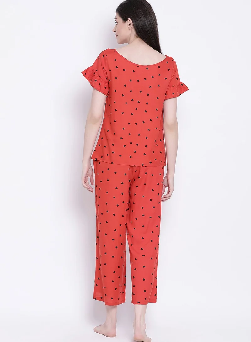 Clovia Heart Print Top & Pyjama Set - Rayon