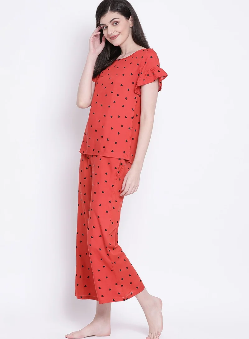 Clovia Heart Print Top & Pyjama Set - Rayon