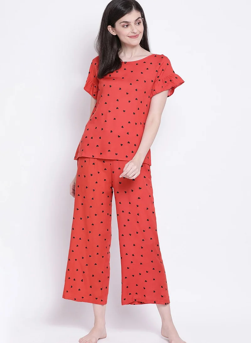 Clovia Heart Print Top & Pyjama Set - Rayon