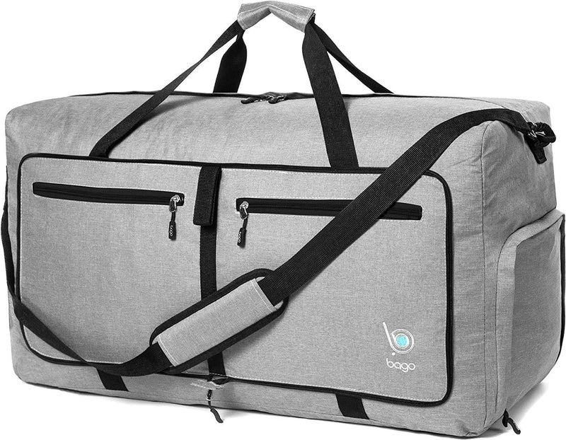 Bago Large Foldable Duffel Bags for Traveling Women Men 80L Packable Duffle Bag for Travel with Shoe Compartment Water Repellant Heavy Duty Lightweight Folding Collapsible SnowGray