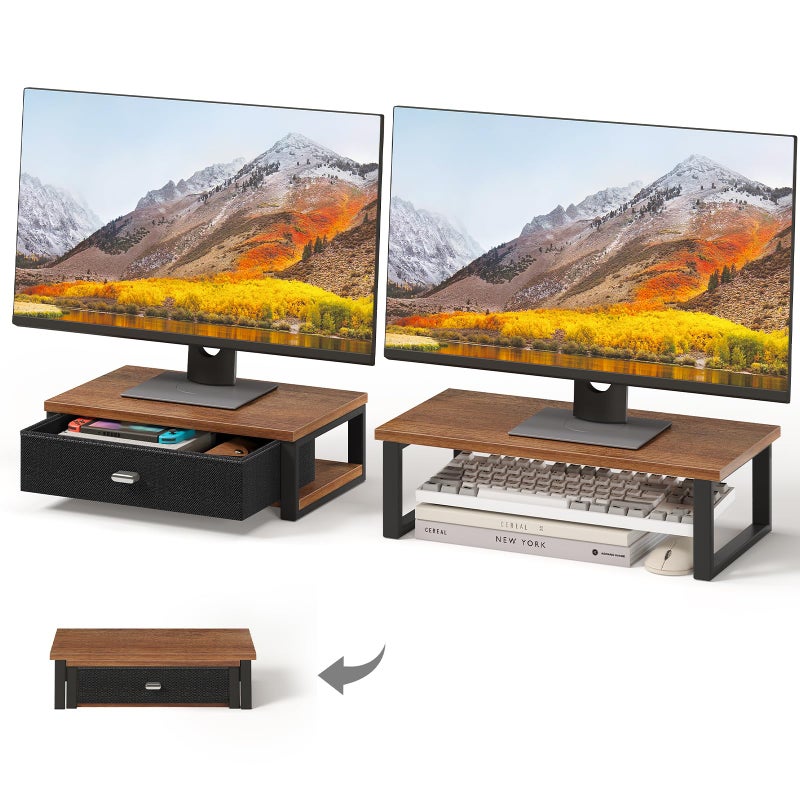 WOHOMO Dual Monitor Stand Riser with Drawers, Wood Desk Organizers for 2 Monitors, Desktop Storage Stand for Computer, Laptop, Black - Image 1
