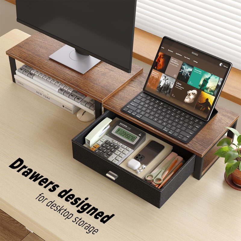 WOHOMO Dual Monitor Stand Riser with Drawers, Wood Desk Organizers for 2 Monitors, Desktop Storage Stand for Computer, Laptop, Black - Image 4