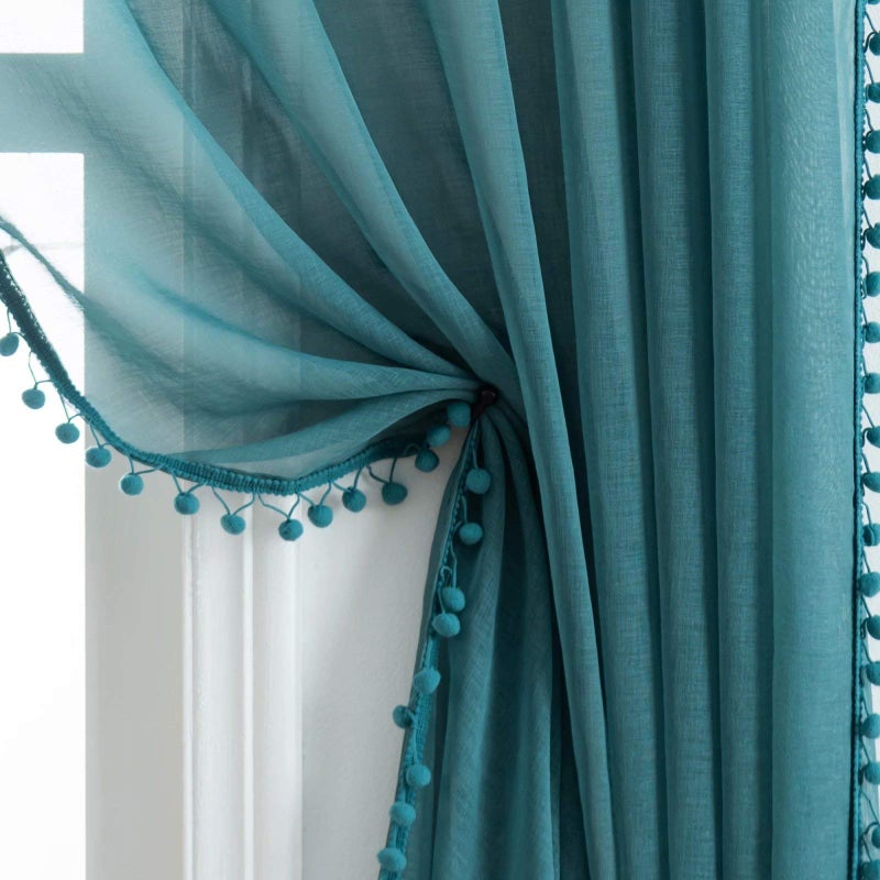MISS SELECTEX Linen Look Pom Pom Tasseled Sheer Curtains  Rod Pocket Voile SemiSheer Curtains for Living and Bedroom Set of 2 Curtain Panels 52 x 84 inch Teal