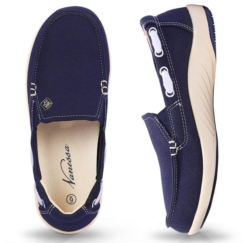 Vanessa Womens Slip On Shoes, Comfort Casual Loafers Shoes with Arch Support - Boat Canvas Sneakers for Daily Walking (Navy, 08) - Image 1