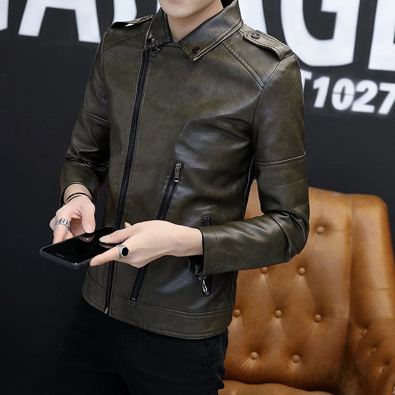 Mens Korean Slim Fit Stylish PU Leather Jacket Black velvet  - Image 2