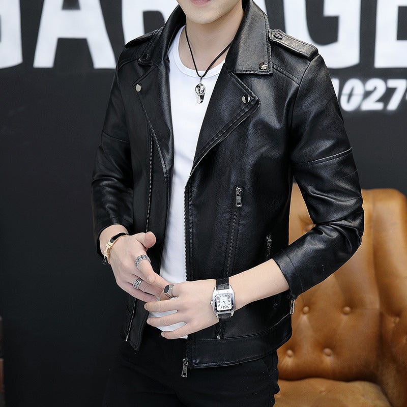 Mens Korean Slim Fit Stylish PU Leather Jacket Black velvet  - Image 3