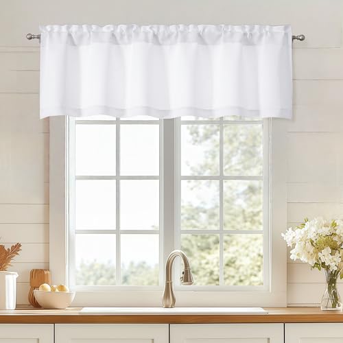 OWENIE White Valances for Windows, Light Filtering Small Kitchen Curtains Valance for Bedroom/Living Room, Rod Pocket Privacy Short Solid Modern Window Treatment, 60" Wx14 L, 1 Panel - Image 1