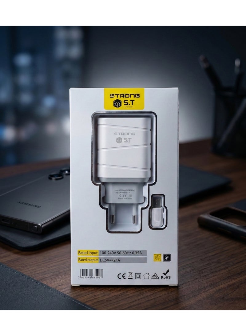 شاحن تايب سي 2.1A بمدخلين USB + كابل Type-C، شحن سريع، حماية شورت وحماية زيادة الشحن، ابيض