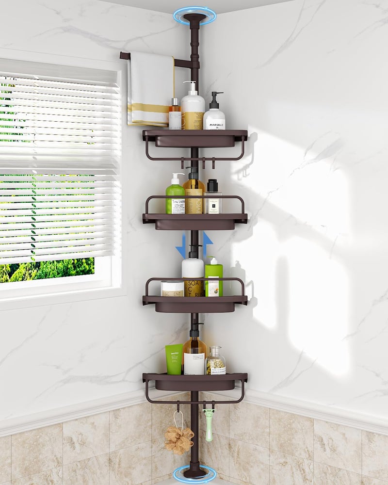 حامل دش زاوي مضاد للصدأ من ALLZONE لتنظيم تخزين الحمام وحوض الاستحمام لملحقات الشامبو 4 رفوف قابلة للتعديل مع عمود توتر يناسب ارتفاع 39 إلى 113 بوصة بني