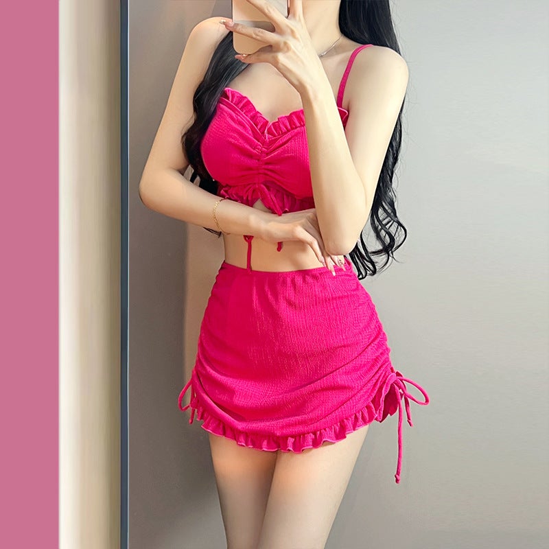 New Swimwear Women'S Small Fresh Without Steel Trap Gather Slimming Solid Color Bikini Three-Piece Swimsuit Bikini - Image 3