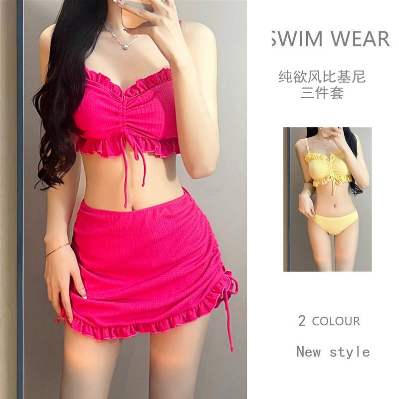 New Swimwear Women'S Small Fresh Without Steel Trap Gather Slimming Solid Color Bikini Three-Piece Swimsuit Bikini - Image 2