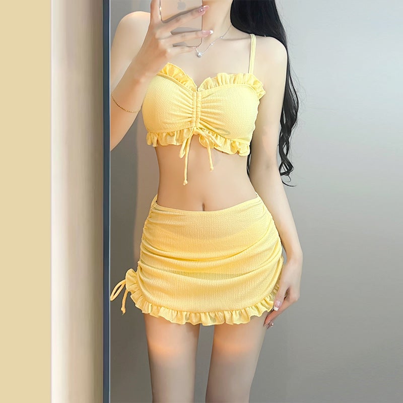 New Swimwear Women'S Small Fresh Without Steel Trap Gather Slimming Solid Color Bikini Three-Piece Swimsuit Bikini - Image 5