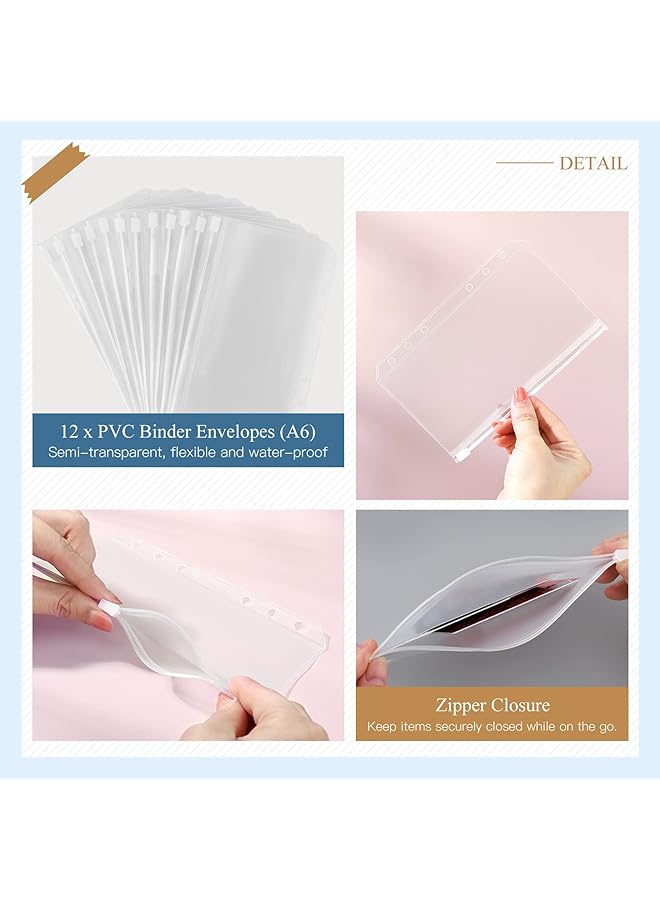 إيروريكس غطاء جلدي من البولي يوريثان لملف الميزانية A6 مع 12 جيبًا لملف A6 وأكياس أوراق فضفاضة و6 حلقات لملف النقود بسحاب وملصقات ملصقات ونظام مظاريف الميزانية القابلة لإعادة التعبئة باللون الأزرق اللامع - Image 4