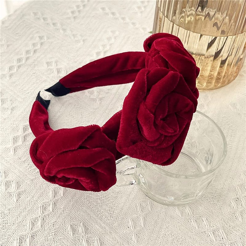 QTMY Velvet Wide Rose Flower Headbands Vintage Hairband Elastic Hair Hoops Fashion Hair Accessories for Women Girls - Image 4