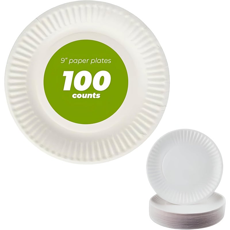 Concession Essentials Paper Plate, 9" White Uncoated 100ct - Image 1