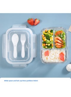 Glass Lunch Box Large Capacity Lunch Box Office Staff Lunch Box Microwave Oven With Lid Set Refrigerator Sealed Fresh-keeping Rice Bowl-Specifications:Long 96ml Three-compartment With Fork And Spoon-Color:Blue