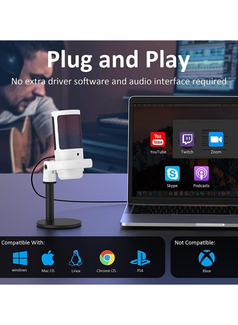 Gaming PC USB Microphone,Podcast Condenser Mic with Boom Arm,Pop Filter,Mute on for Streaming,Online Chat, RGB Computer Mic for PS4/5 PC Gamer Youtuber (White-2) - Image 3