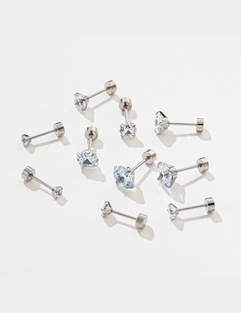 Kainier 5 Pairs Flatback Stud Earrings CZ Earrings Round Surgical Steel AAAAA Cubic Zirconia Hypoallergenic Ear Stud Set Gold/Silver 3-7mm (Silver) - Image 5