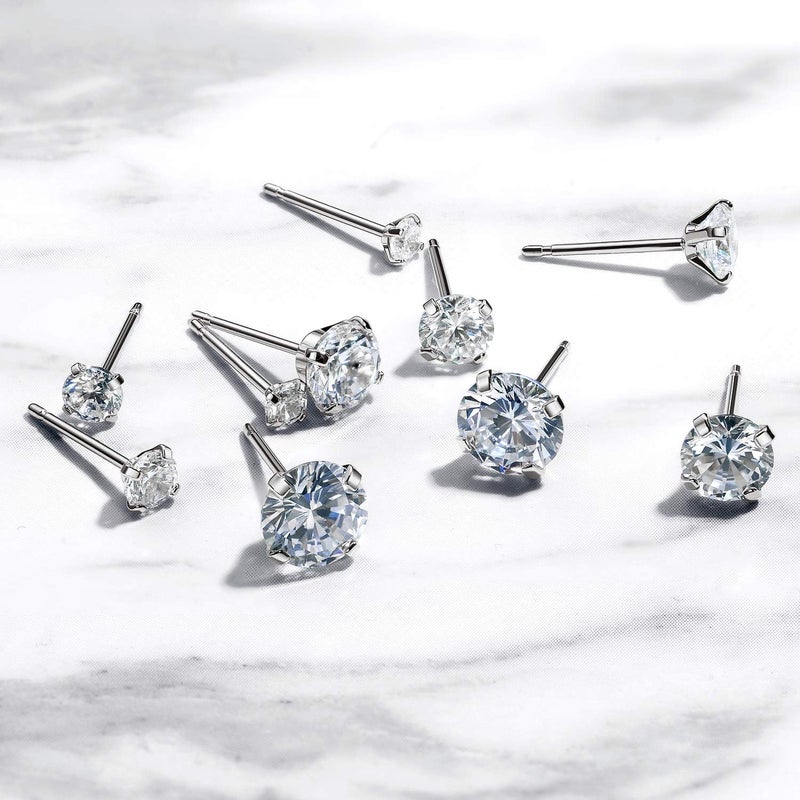 Kainier 5 Pairs Flatback Stud Earrings CZ Earrings Round Surgical Steel AAAAA Cubic Zirconia Hypoallergenic Ear Stud Set Gold/Silver 3-7mm (Silver) - Image 4
