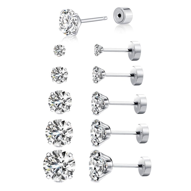 Kainier 5 Pairs Flatback Stud Earrings CZ Earrings Round Surgical Steel AAAAA Cubic Zirconia Hypoallergenic Ear Stud Set Gold/Silver 3-7mm (Silver) - Image 1