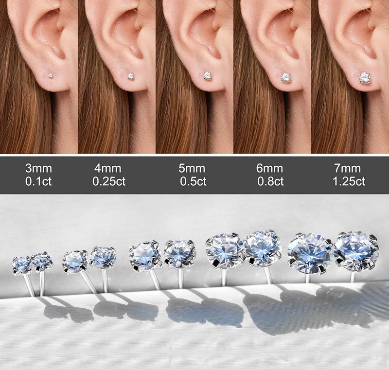 Kainier 5 Pairs Flatback Stud Earrings CZ Earrings Round Surgical Steel AAAAA Cubic Zirconia Hypoallergenic Ear Stud Set Gold/Silver 3-7mm (Silver) - Image 3