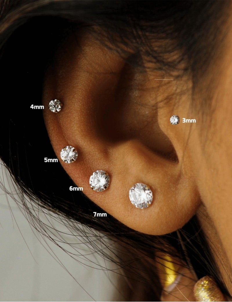 Kainier 5 Pairs Flatback Stud Earrings CZ Earrings Round Surgical Steel AAAAA Cubic Zirconia Hypoallergenic Ear Stud Set Gold/Silver 3-7mm (Silver) - Image 2
