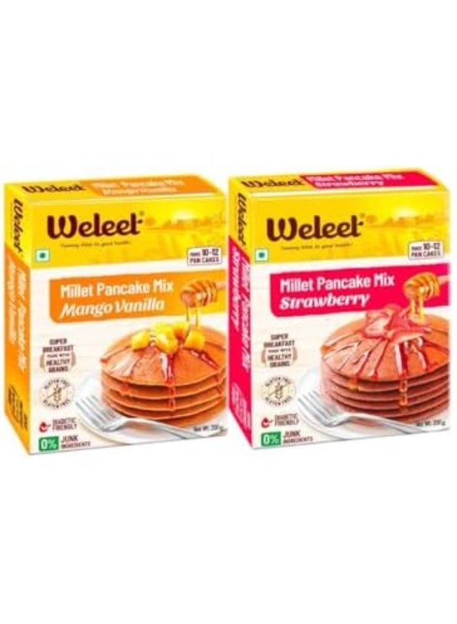 Weleet Millet Pancake Mix Powder Combo | Strawberry & Mango Vanilla Flavour | 0% Maida, Gluten-Free, Diabetic Friendly - 200 gm Each (Pack of 2)
