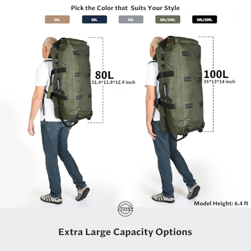 STOVER 100L Rolling Duffel Bag with Wheels, X-Large Durable Travel Duffle + Toiletry Bag, Heavy Duty, Packable with Shoulder Straps- Use as Luggage or Backpack, Men/Women (Green) - Image 3