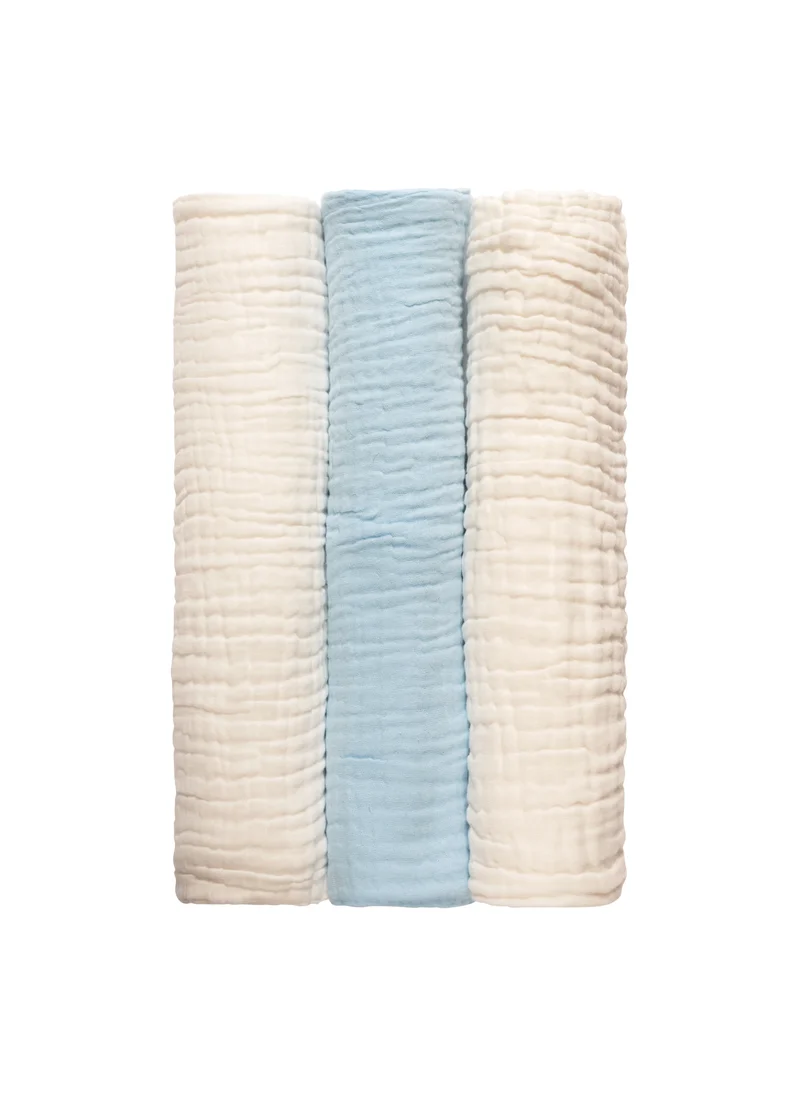 أنفي بيبي Set of 3- Organic 6 layered Muslin Bath Towel- Blue/White/White