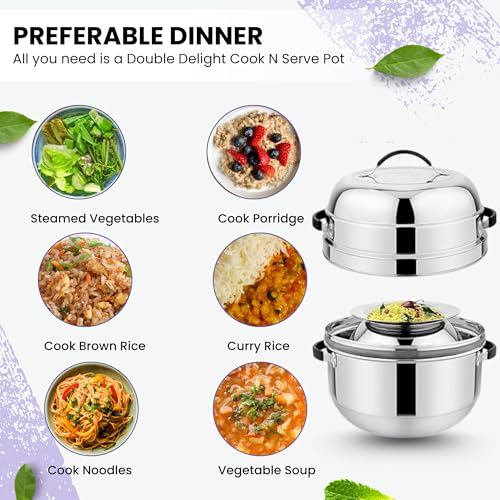 Prabha Thermal Rice Cooker 1.5 Kilogram | Cook N Serve Delight Cooker Stainless Steel Rice & Noodles Cookers | Double Layer Serving Pot Choodarapetty Pot & Rubber Gasket | Gas Stove Compatible 1-Year Warranty - Image 4