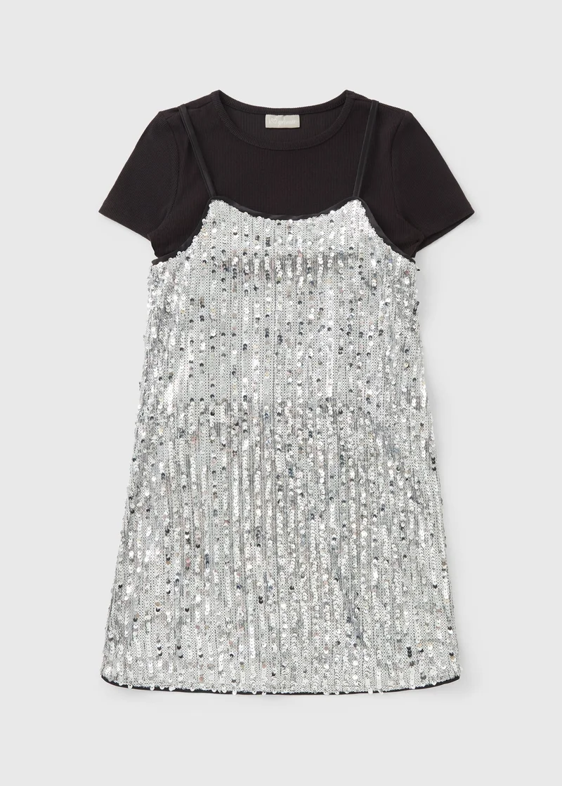 ماتلان فستان تي شيرت بناتي فضي بترتر قطعتين