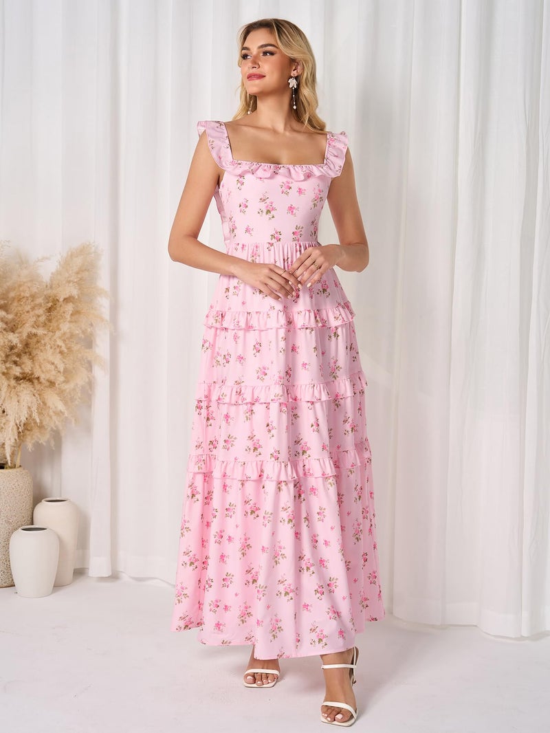 EYNMIN Women's Summer Floral Boho Maxi Dress Tiered Ruffle Smocked Long Flowy Beach Wedding Guest Dresses Casual Sundress - Image 2