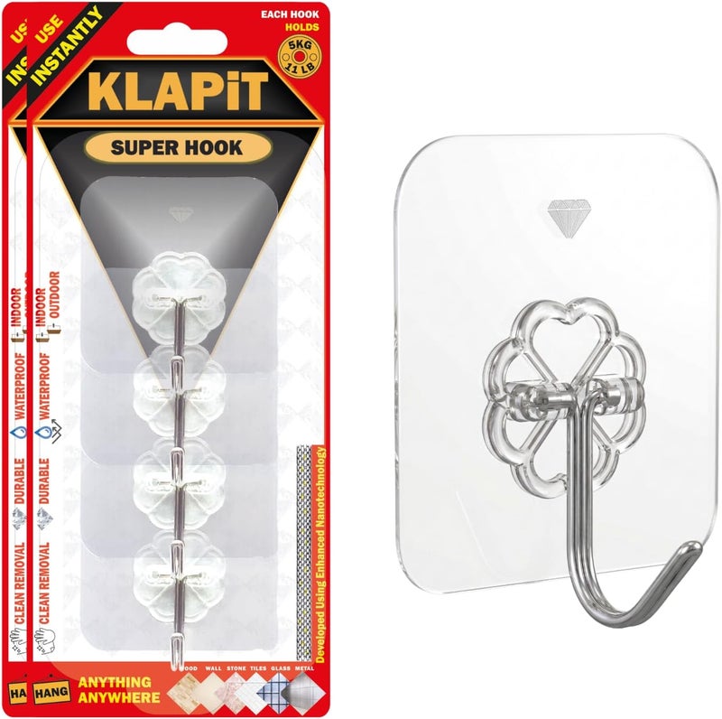 KLAPiT Super Hook Heavy Duty Adhesive, Holds 11 Pounds or 5Kg Weight, Waterproof and Damage Free for Wall, Tile, Wood, Stone, Glass, Metal, Made of Steel (Clear, 8 pc) - Image 1