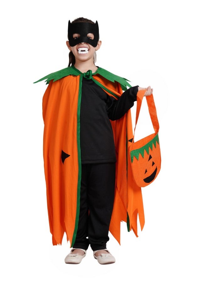 Kaku Fancy Dresses - Kaku Fancy Dresses Polyester Pumpkin Robe Cape with Black Eyepatch & Devil Teeth for Halloween Costume for Kids - 5-6 Years - Image 1