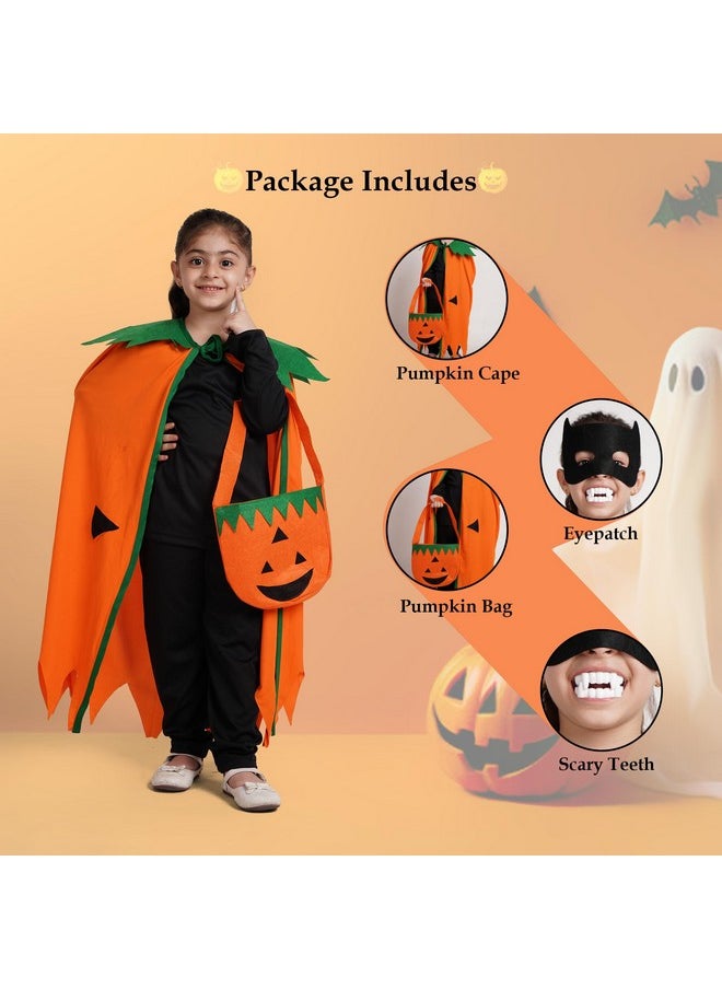Kaku Fancy Dresses - Kaku Fancy Dresses Polyester Pumpkin Robe Cape with Black Eyepatch & Devil Teeth for Halloween Costume for Kids - 5-6 Years - Image 1