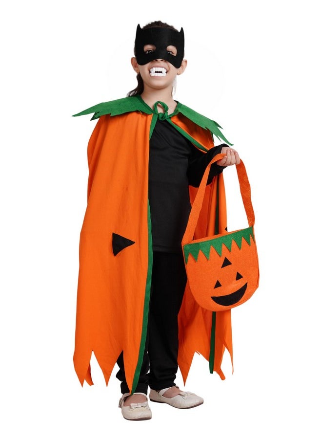 Kaku Fancy Dresses - Kaku Fancy Dresses Polyester Pumpkin Robe Cape with Black Eyepatch & Devil Teeth for Halloween Costume for Kids - 5-6 Years - Image 1