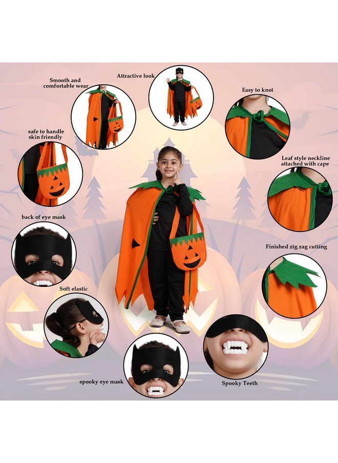 Kaku Fancy Dresses - Kaku Fancy Dresses Polyester Pumpkin Robe Cape with Black Eyepatch & Devil Teeth for Halloween Costume for Kids - 5-6 Years - Image 1