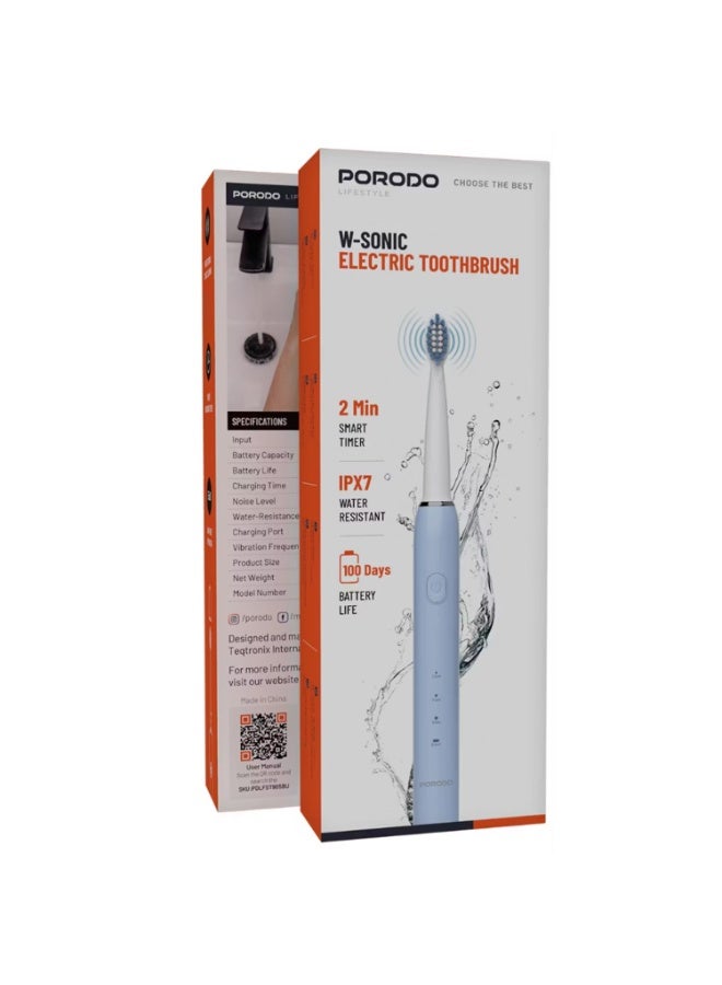 بورودو فرشاة أسنان كهربائية بورودو دبليو-سونيك مع تنظيف صوتي احترافي، مؤقت ذكي لمدة دقيقتين، سعة بطارية 500 مللي أمبير، مقاومة للماء بمعيار IPX7، وقت شحن 3 ساعات، منفذ شحن من النوع C، عمر بطارية يصل إلى 100 يوم، مؤقت ذكي رباعي الأجزاء - أزرق - Image 1