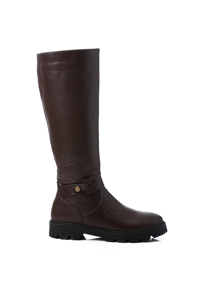 Mr.joe Round Toecap Zipper Knee High Boots - Chocolate Brown  - Image 1