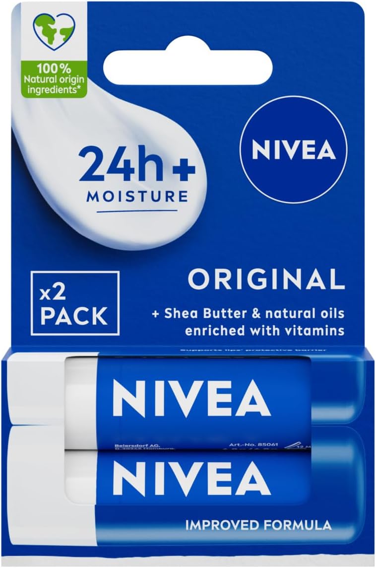 NIVEA Original Care Duo Pack Lip Balm 2x 48g Lip Moisturiser Deeply Hydrates for 24h 100 Natural Origin Ingredients Shea Butter and Vitamins Lip Care