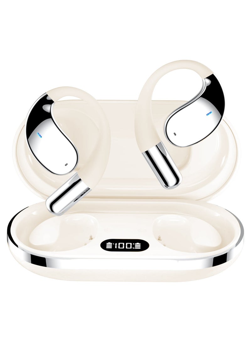 caijin Wireless open-ear Bluetooth earbuds with ear hooks, painless wired earbuds, running sports earbuds, open-ear Bluetooth fitness earbuds, over-ear IPX5 waterproof earbuds, ENC noise-canceling wireless ear-hook earbuds with LED digital display, charging box, sweat-proof for running, suitable for sports runners, skin color - Image 1
