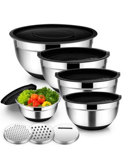 TeamFar TeamFar Mixing Bowls Set of 5, Stainless Steel Nesting Mixing Bowl with Lid & 3 Grater Attachments for Salad Mixing/Food Storage, Healthy, Airtight Lid & Non-slip Bottom - 4.6/3.5/2.5/1.5/1 QT  - Image 1