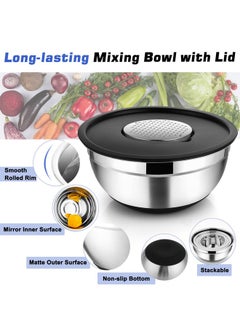 TeamFar TeamFar Mixing Bowls Set of 5, Stainless Steel Nesting Mixing Bowl with Lid & 3 Grater Attachments for Salad Mixing/Food Storage, Healthy, Airtight Lid & Non-slip Bottom - 4.6/3.5/2.5/1.5/1 QT  - Image 3