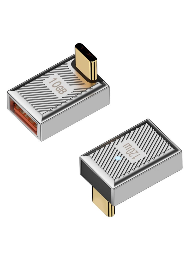 Excefore 120W 90° Angle USB C to USB3.1 OTG Adapter, 2 Pcs 10Gbps USB C Male to USB3.1 Female Right Angle Data Connector, 24V5A Charging/Zn Alloy/LED, for Phone Tablet Steam Deck, Silver/Positive Bend  - Image 1