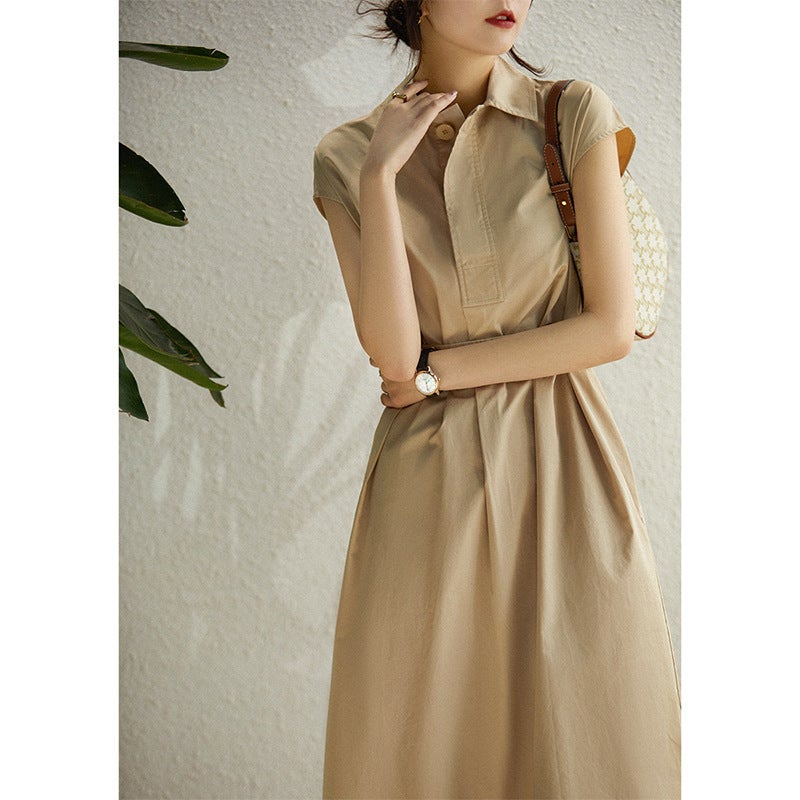 2023 Summer New Low-key Texture Artistic Style Woven Horse Cotton POLO Collar Short-sleeved Belt Slimming Dress Khaki - Image 1