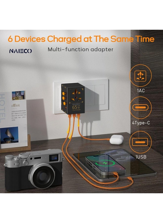 نايكو محول السفر العالمي NAIECO GaN III بقدرة 65 واط للشحن السريع | شاحن جداري عالمي بـ 4 منافذ USB-C PD ومنفذ USB واحد | متوافق مع iPhone وSamsung وHuawei وXiaomi وiPad وMacBook واللابتوب والأجهزة اللوحية | محول طاقة عالمي متعدد المنافذ ومناسب لأكثر من 200 دولة | تقنية الشحن الذكي Smart IC لضمان شحن آمن وسريع | تصميم قوي مقاوم للحرارة ومناسب للسفر والمنزل والمكتب | مزود بمقابس UK وUS وEU وAU مدمجة | مثالي لرحلات العمل والسفر والعطلات | تصميم خفيف الوزن وقابل للطي لسهولة الحمل | شاحن السفر العالمي NAIECO GaN III 65W هو الحل الأمثل لشحن جميع أجهزتك في أي مكان حول العالممنافذ USB-C PD للشحن السريع، شاحن جداري عالمي متوافق مع الهواتف الذكية، الأجهزة اللوحية، أجهزة اللابتوب، ومناسب لمقابس الكهرباء من النوع A/C/G/I حول العالم. - Image 2