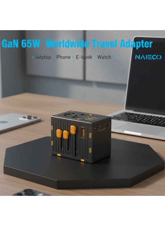 نايكو محول السفر العالمي NAIECO GaN III بقدرة 65 واط للشحن السريع | شاحن جداري عالمي بـ 4 منافذ USB-C PD ومنفذ USB واحد | متوافق مع iPhone وSamsung وHuawei وXiaomi وiPad وMacBook واللابتوب والأجهزة اللوحية | محول طاقة عالمي متعدد المنافذ ومناسب لأكثر من 200 دولة | تقنية الشحن الذكي Smart IC لضمان شحن آمن وسريع | تصميم قوي مقاوم للحرارة ومناسب للسفر والمنزل والمكتب | مزود بمقابس UK وUS وEU وAU مدمجة | مثالي لرحلات العمل والسفر والعطلات | تصميم خفيف الوزن وقابل للطي لسهولة الحمل | شاحن السفر العالمي NAIECO GaN III 65W هو الحل الأمثل لشحن جميع أجهزتك في أي مكان حول العالممنافذ USB-C PD للشحن السريع، شاحن جداري عالمي متوافق مع الهواتف الذكية، الأجهزة اللوحية، أجهزة اللابتوب، ومناسب لمقابس الكهرباء من النوع A/C/G/I حول العالم. - Image 3
